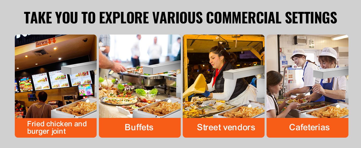 VEVOR french fry warmer in use at fried chicken joints, buffets, street vendors, and cafeterias.