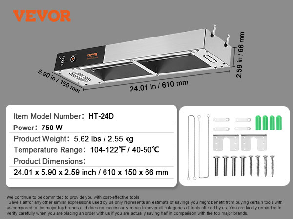 VEVOR french fry warmer ht-24d, 750w, 5.62 lbs, 104-122°f, 24.01 x 5.90 x 2.59 inches, accessories included.
