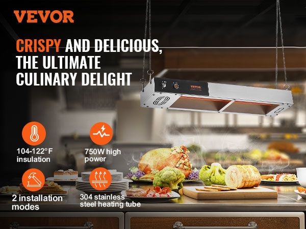 VEVOR french fry warmer above delicious food with temperature, power, and installation details.