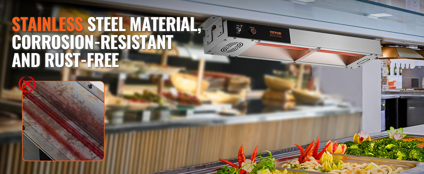 VEVOR french fry warmer, stainless steel, corrosion-resistant, rust-free, food display in background.