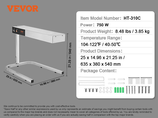 VEVOR french fry warmer ht-310c, 750w with dimensions and package contents displayed.