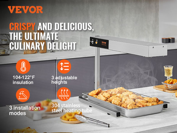 VEVOR french fry warmer with stainless steel heating tube over crispy chicken in a modern kitchen.
