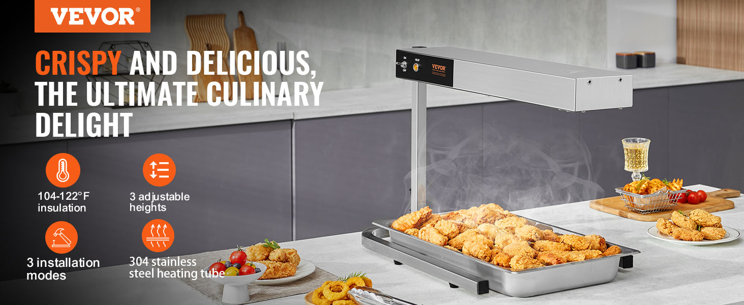 VEVOR french fry warmer with stainless steel heating tube over crispy chicken in a modern kitchen.