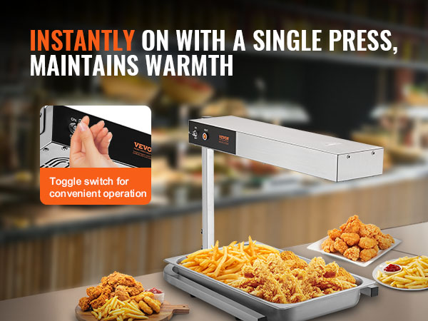 VEVOR french fry warmer with toggle switch, keeps fries and chicken warm, easy one-press operation.