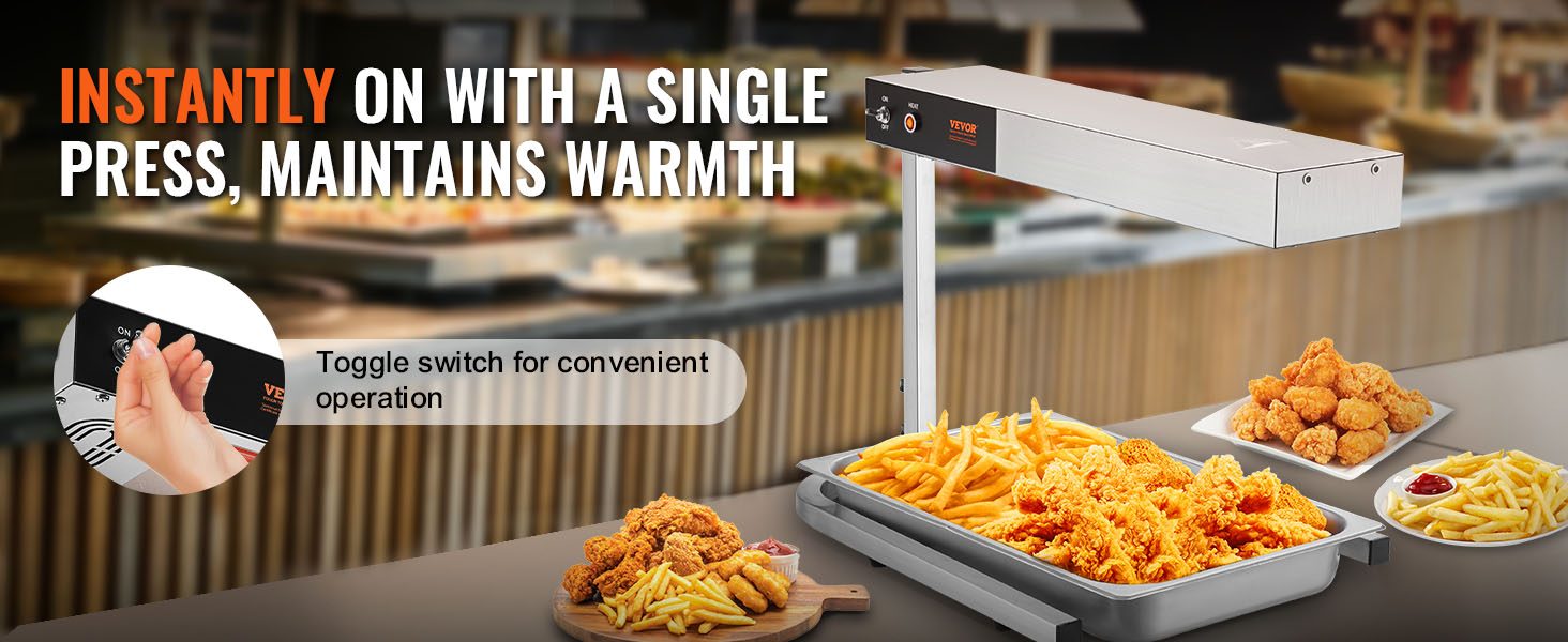 VEVOR french fry warmer with toggle switch, keeps fries and chicken warm, easy one-press operation.