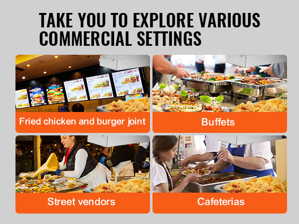 VEVOR french fry warmer in commercial settings like fried chicken joints, buffets, street vendors, and cafeterias.