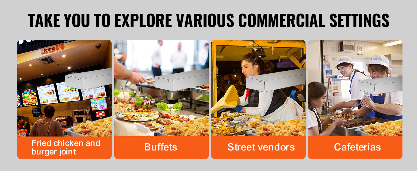 VEVOR french fry warmer in commercial settings like fried chicken joints, buffets, street vendors, and cafeterias.