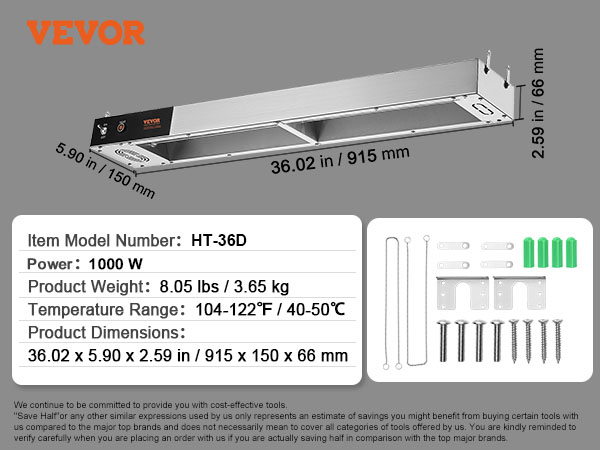 VEVOR french fry warmer ht-36d, 1000w, 36x5.9x2.59in, package includes chains, screws, and brackets.