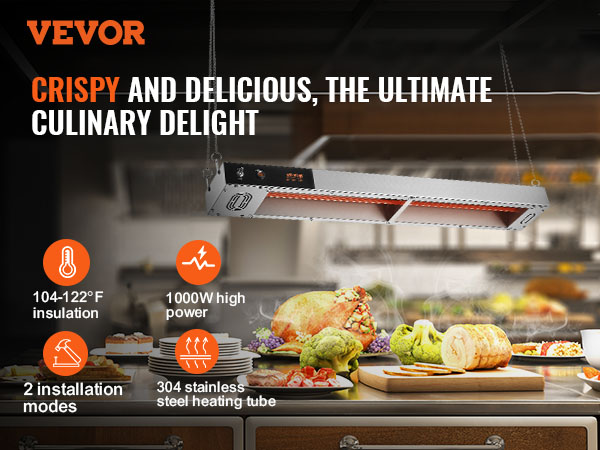 VEVOR french fry warmer showcasing high power and 104-122°f insulation with fresh food in a kitchen.
