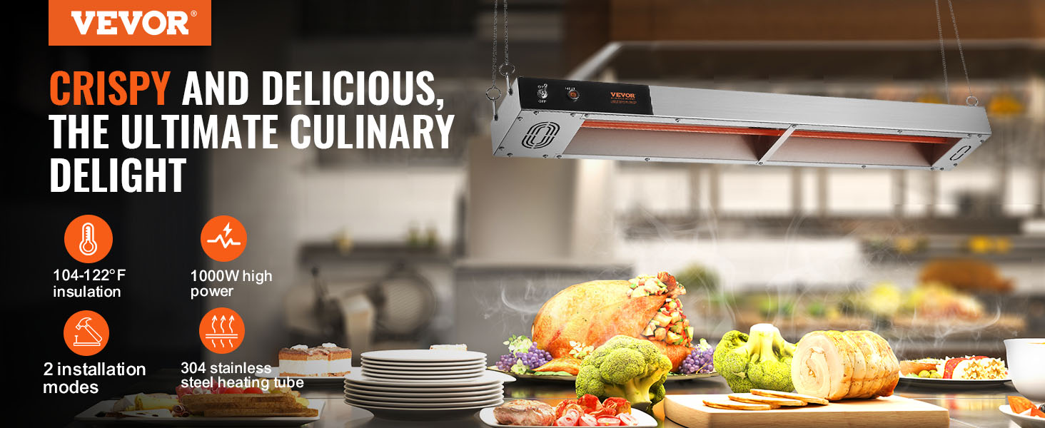 VEVOR french fry warmer showcasing high power and 104-122°f insulation with fresh food in a kitchen.