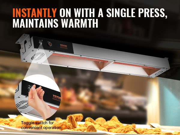 VEVOR french fry warmer keeps food hot with a single press, featuring a convenient toggle switch.
