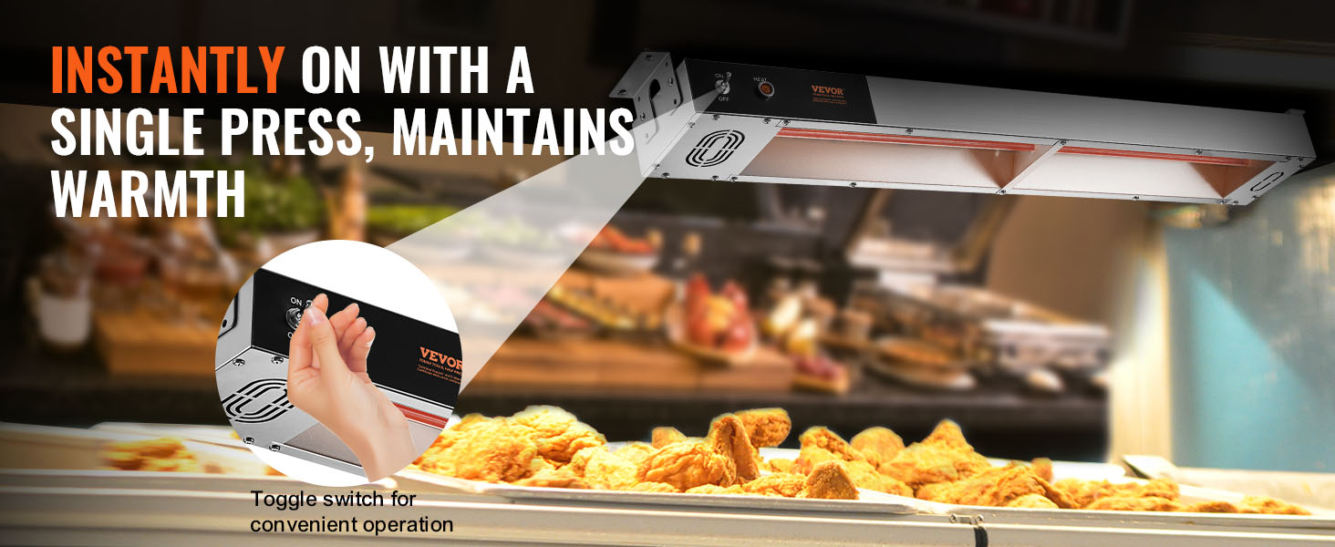 VEVOR french fry warmer keeps food hot with a single press, featuring a convenient toggle switch.