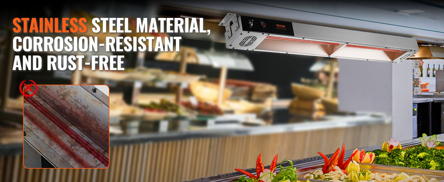 VEVOR french fry warmer in stainless steel, corrosion-resistant and rust-free, over a food display.