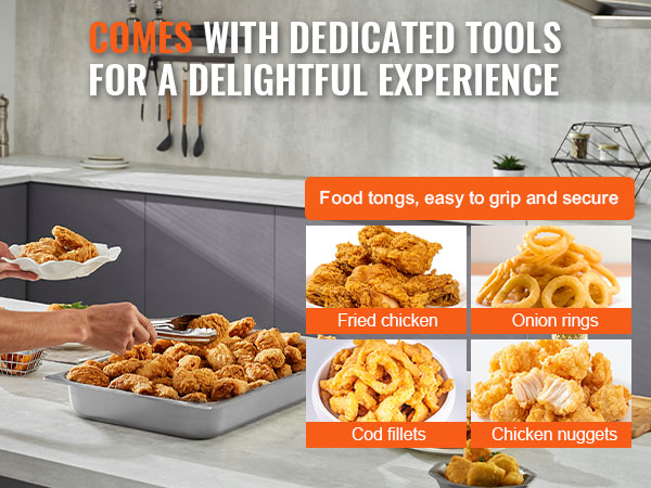 serving fried chicken, onion rings, cod fillets, and chicken nuggets with tongs using the VEVOR french fry warmer.