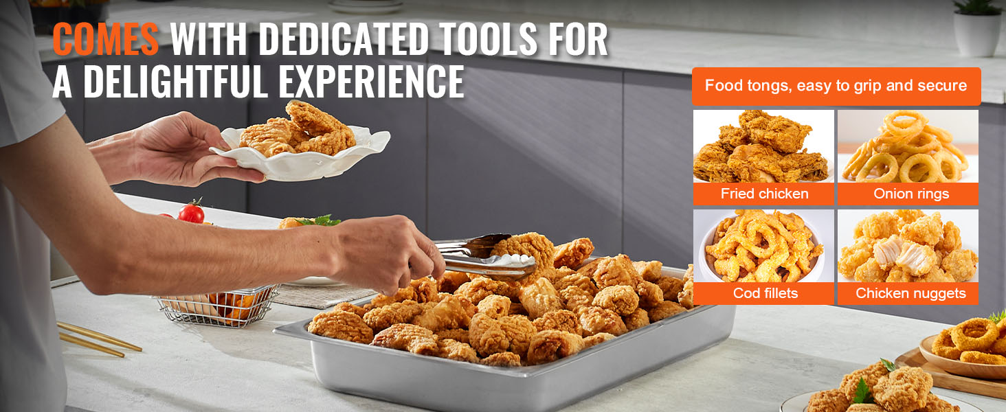serving fried chicken, onion rings, cod fillets, and chicken nuggets with tongs using the VEVOR french fry warmer.