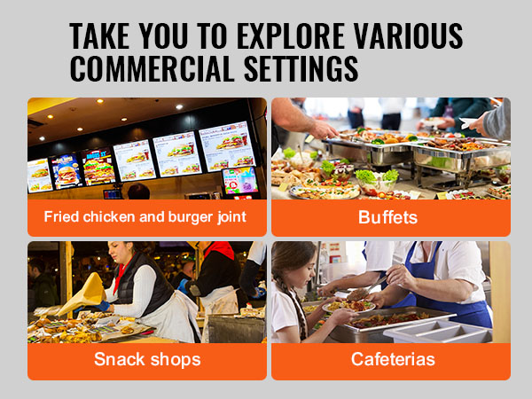 explore various commercial settings for VEVOR french fry warmer: fast food, buffets, snack shops, cafeterias.