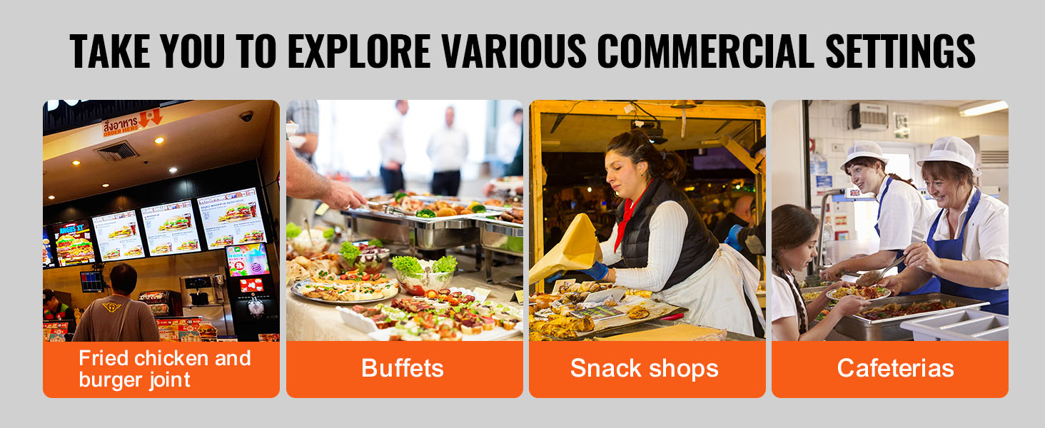 explore various commercial settings for VEVOR french fry warmer: fast food, buffets, snack shops, cafeterias.