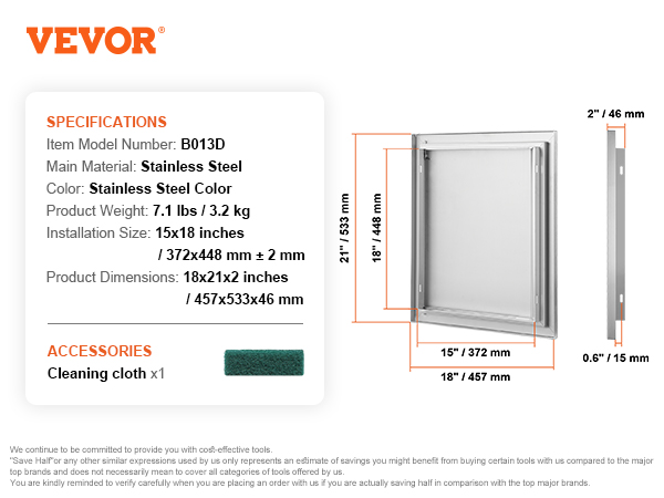 VEVOR bbq access door, stainless steel, 18x21 inches, model b013d with included cleaning cloth.