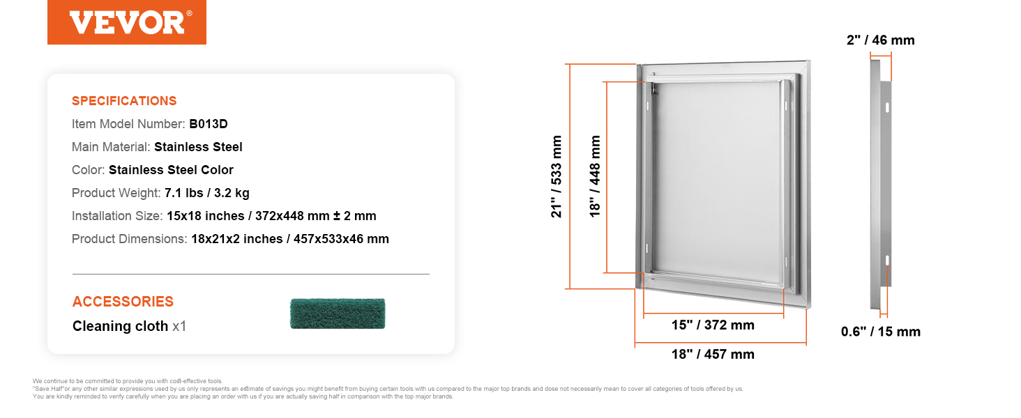 VEVOR bbq access door, stainless steel, 18x21 inches, model b013d with included cleaning cloth.