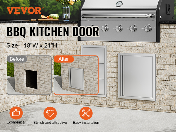 VEVOR bbq access door installation in outdoor kitchen with brick design, showcasing before and after effect.