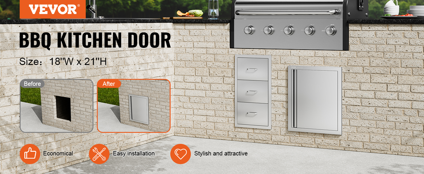 VEVOR bbq access door installation in outdoor kitchen with brick design, showcasing before and after effect.