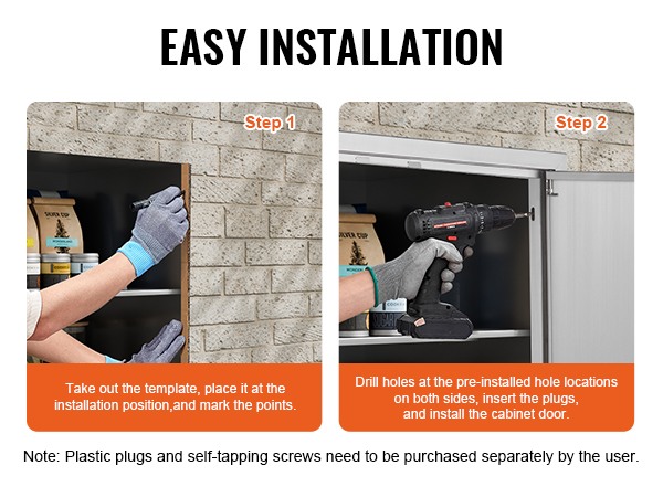 easy installation steps for VEVOR bbq access door: marking points and drilling holes to install cabinet door.
