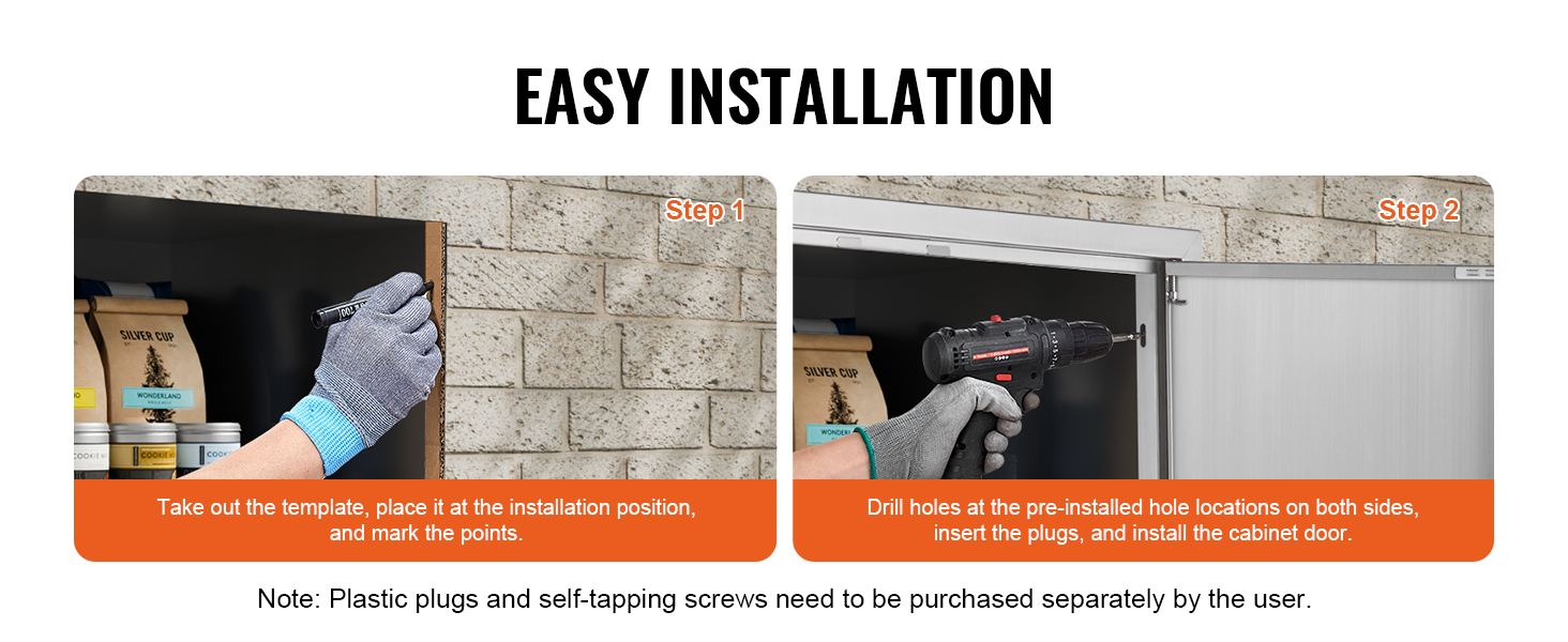 easy installation steps for VEVOR bbq access door: marking points and drilling holes to install cabinet door.