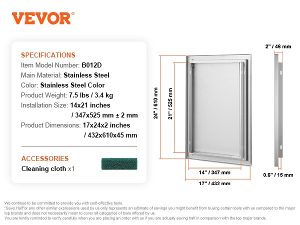 VEVOR bbq access door stainless steel, 14x21 inches installation size, cleaning cloth included.