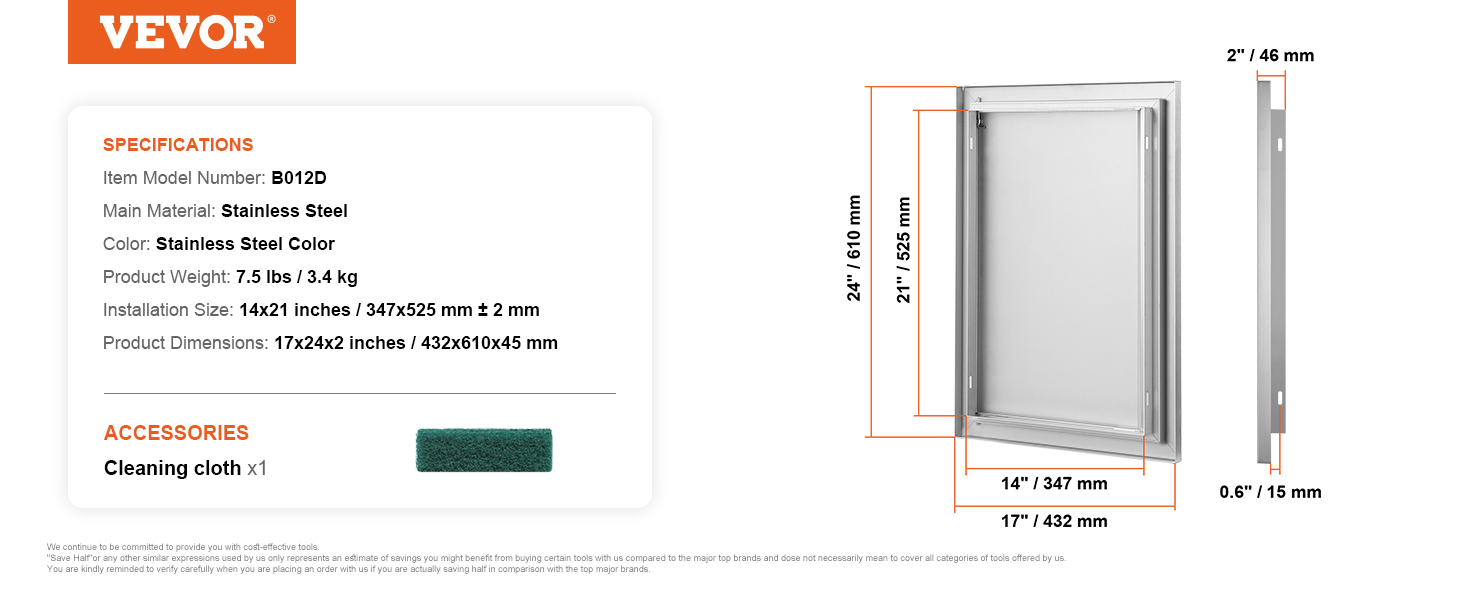 VEVOR bbq access door stainless steel, 14x21 inches installation size, cleaning cloth included.