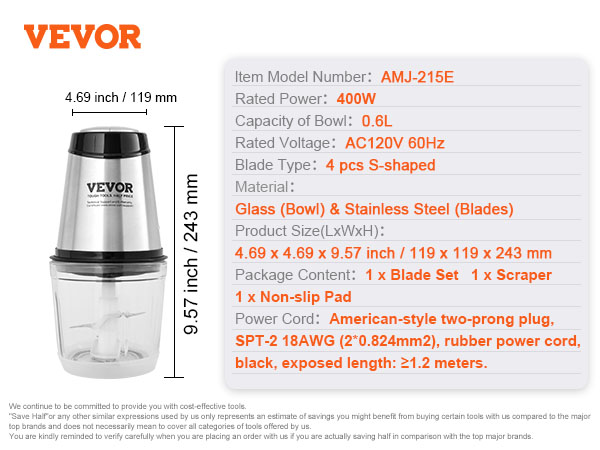 VEVOR food processor, amj-215e model, 400w, 0.6l glass bowl, 4 blades, ac120v 60hz, stainless steel.