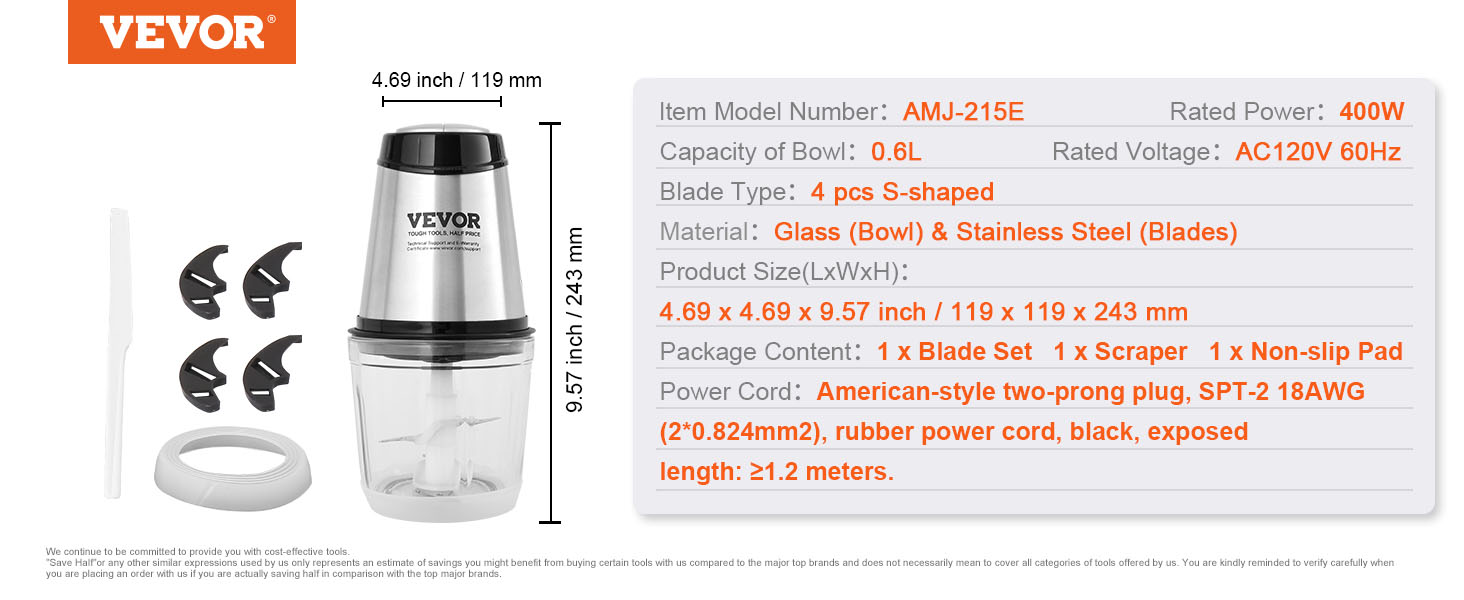 VEVOR food processor, amj-215e model, 400w, 0.6l glass bowl, 4 blades, ac120v 60hz, stainless steel.