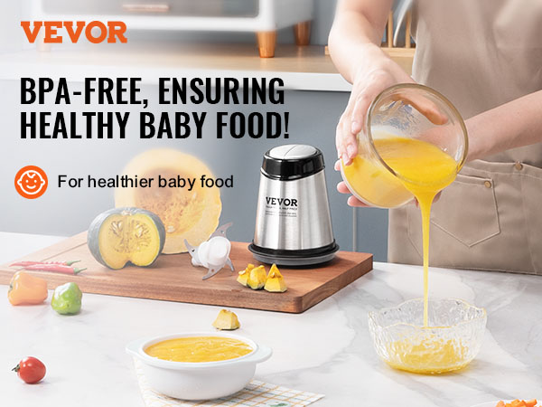 VEVOR food processor making healthy baby food; bpa-free, nutritious puree being poured into a bowl.