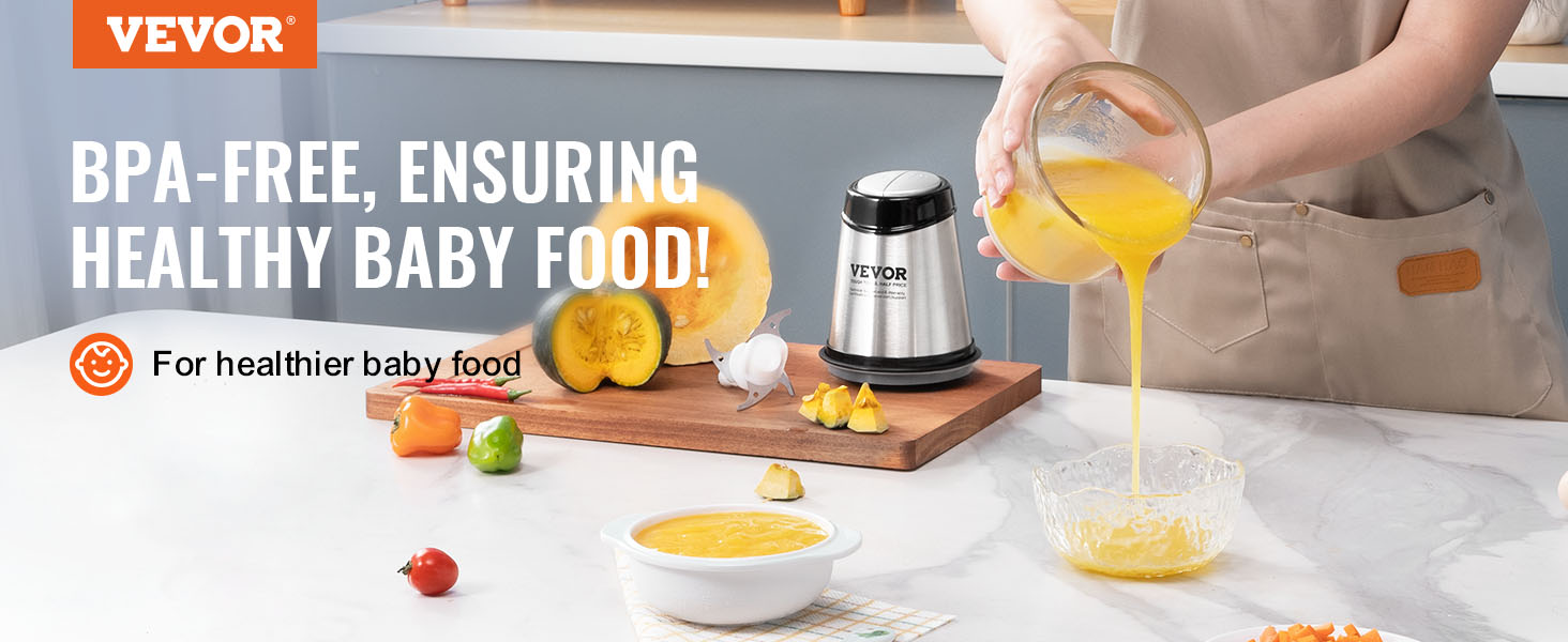 VEVOR food processor making healthy baby food; bpa-free, nutritious puree being poured into a bowl.