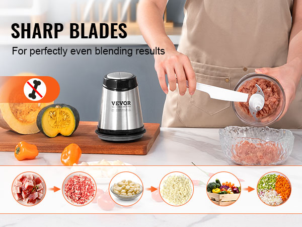 VEVOR food processor with sharp blades for even blending of meat, garlic, and vegetables.