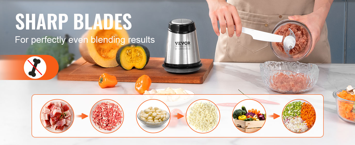 VEVOR food processor with sharp blades for even blending of meat, garlic, and vegetables.