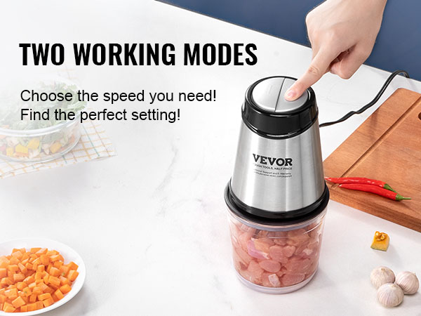 VEVOR food processor with two working modes for speed selection, shown cutting various vegetables.