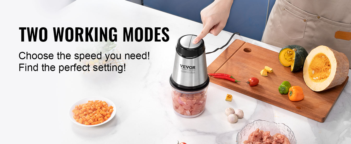 VEVOR food processor with two working modes for speed selection, shown cutting various vegetables.