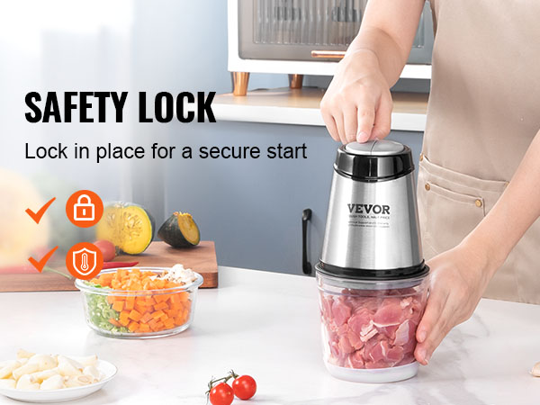 VEVOR food processor with safety lock in use, blending ingredients on a kitchen countertop.