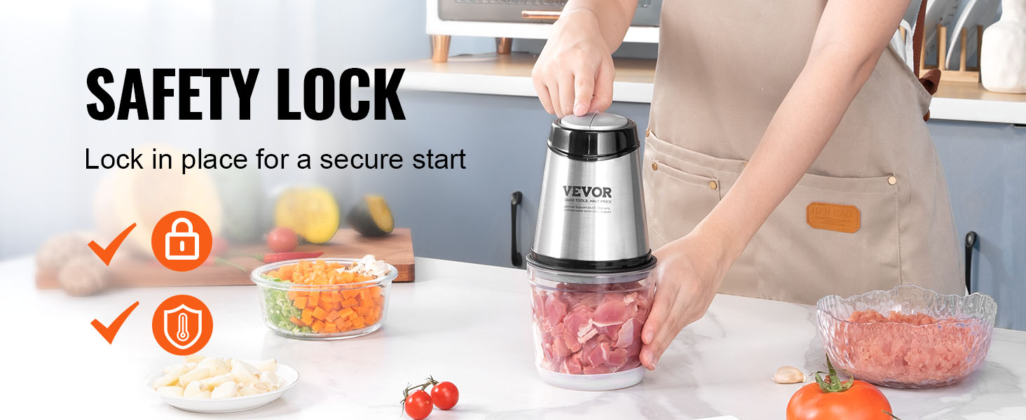 VEVOR food processor with safety lock in use, blending ingredients on a kitchen countertop.