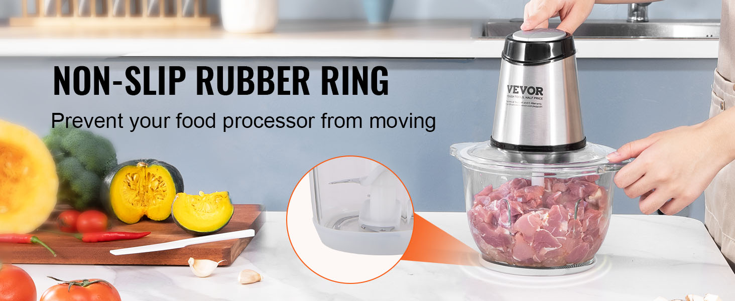 VEVOR electric food processor with stainless steel design and non-slip rubber ring for stability.