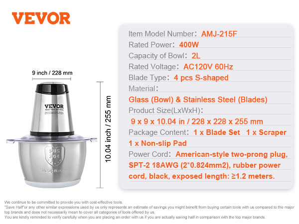 VEVOR electric meat grinder with 2l glass bowl, 4 pcs blades, 400w power, and american-style plug.