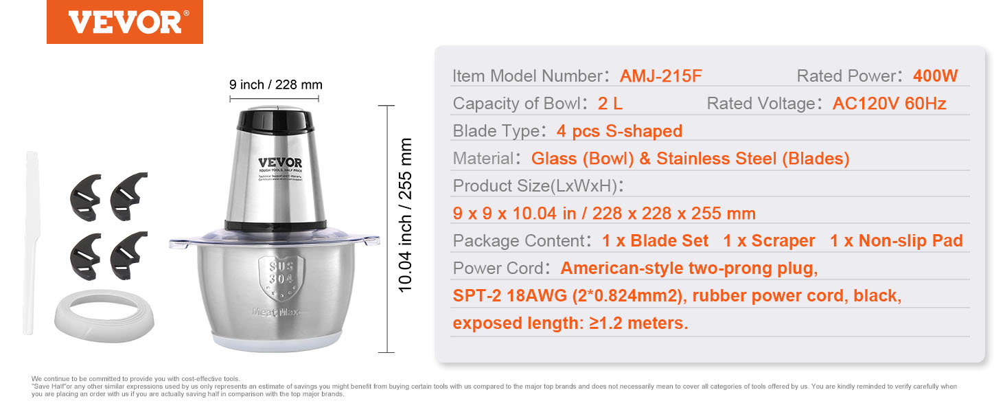 VEVOR electric meat grinder with 2l glass bowl, 4 pcs blades, 400w power, and american-style plug.