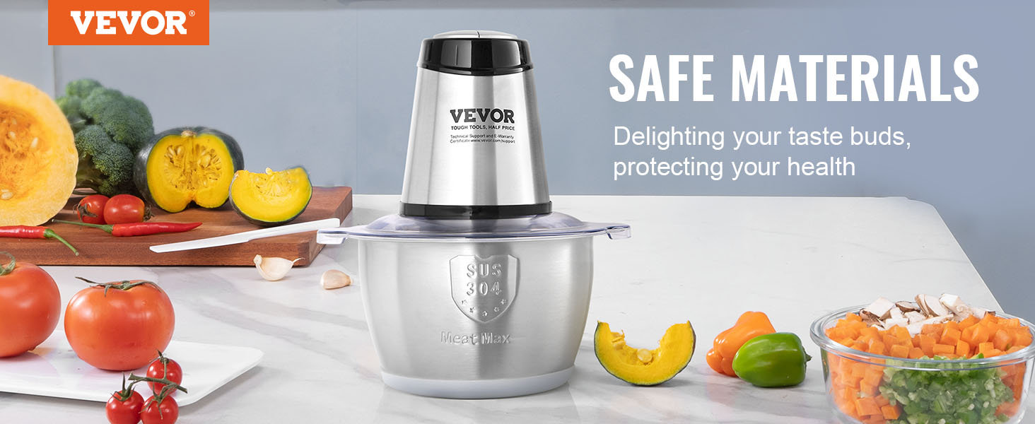 VEVOR electric meat grinder in stainless steel with fresh vegetables on a kitchen counter.