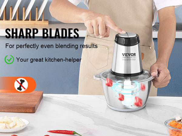 VEVOR electric meat grinder with sharp blades for even blending on a kitchen counter.