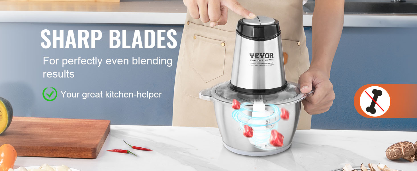 VEVOR electric meat grinder with sharp blades for even blending on a kitchen counter.