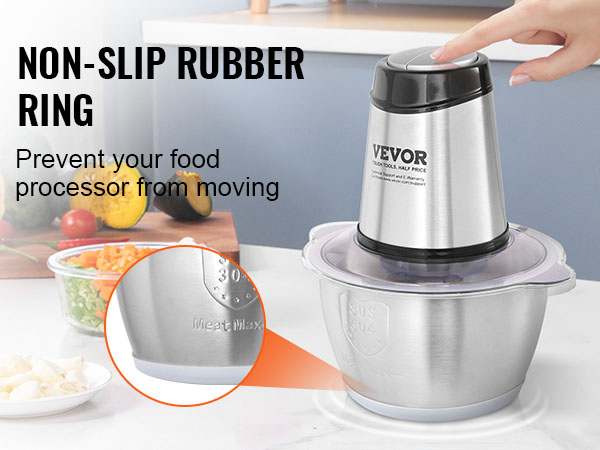 VEVOR electric meat grinder with non-slip rubber ring for stability on kitchen countertop.