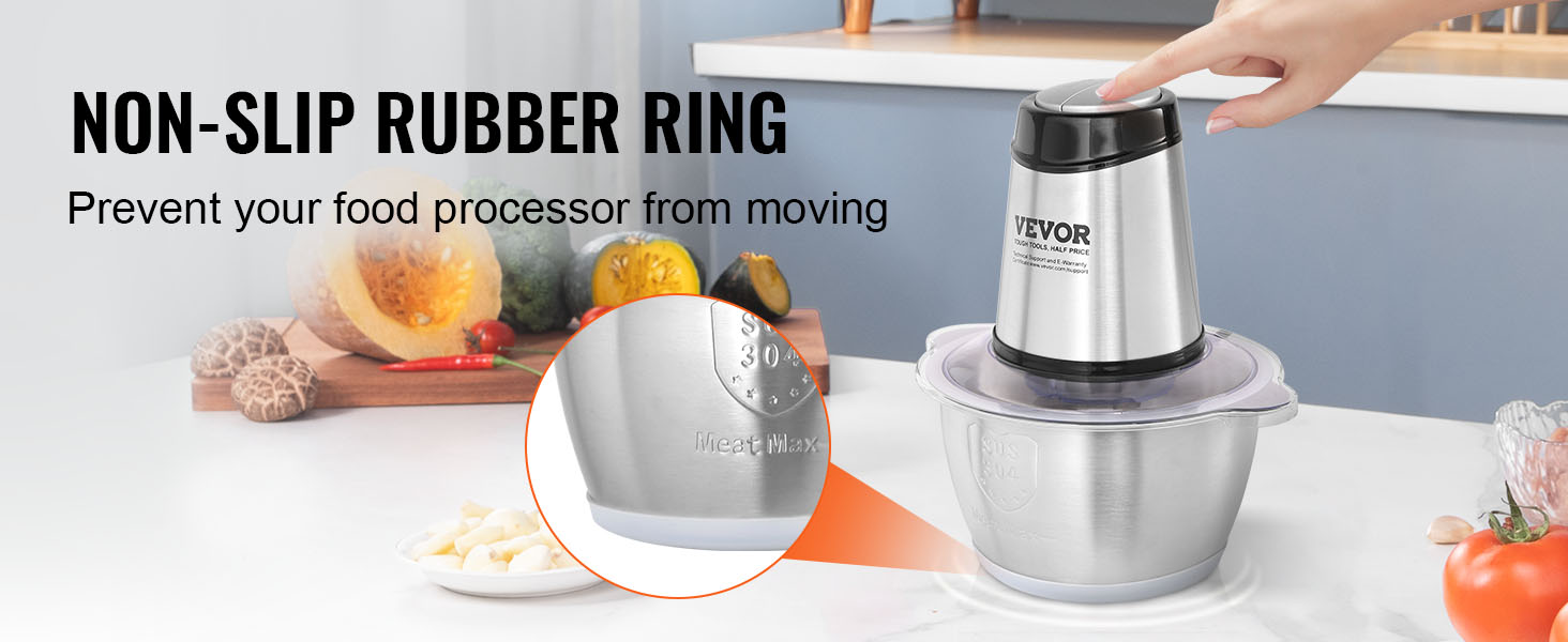 VEVOR electric meat grinder with non-slip rubber ring for stability on kitchen countertop.
