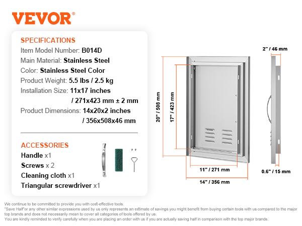 VEVOR bbq access door b014d, stainless steel, 11x17 inch installation, 14x20x2 inch dimensions, weights 5.5 lbs.