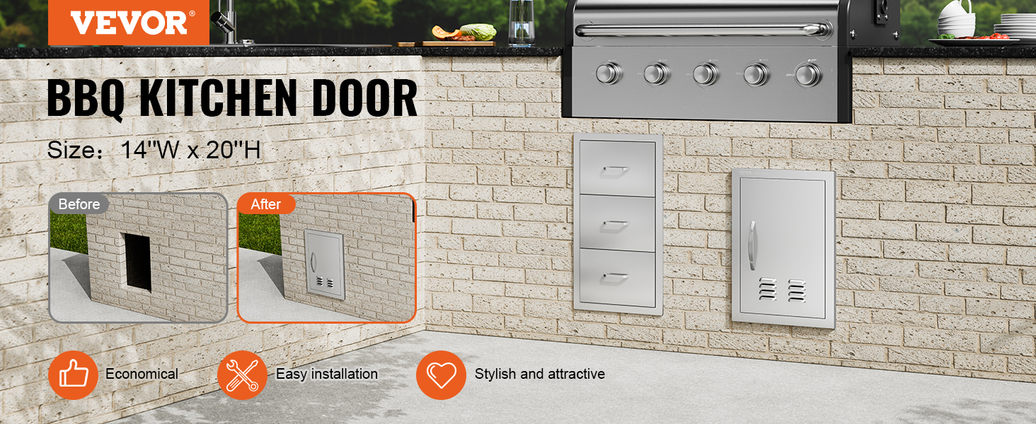 VEVOR bbq access door: easy installation, stylish stainless steel design with convenient before-and-after views.