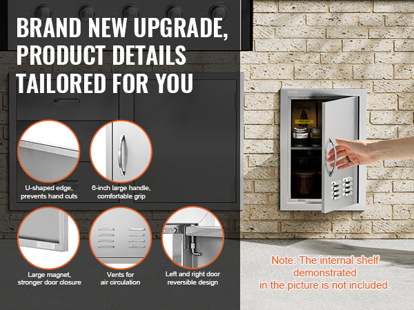 VEVOR bbq access door: u-shaped edge, 6-inch handle, vents for air, and reversible design on a brick wall.
